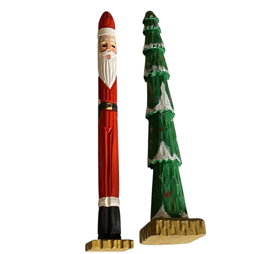 Vintage Hand Carved Wooden Pencil Skinny Santa Claus and Christmas Tree Figurine - Picture 6 of 14